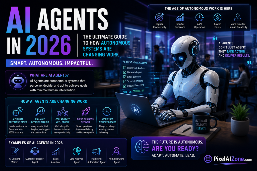 AI agents in 2026 autonomous systems changing work showing agentic AI architecture and digital workforce with futuristic technology