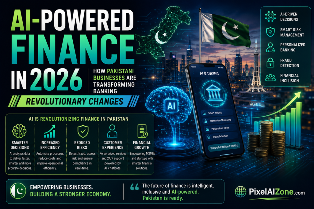 AI-powered finance Pakistan 2026 showing AI-driven banking credit scoring and fintech transformation with financial charts and digital payments
