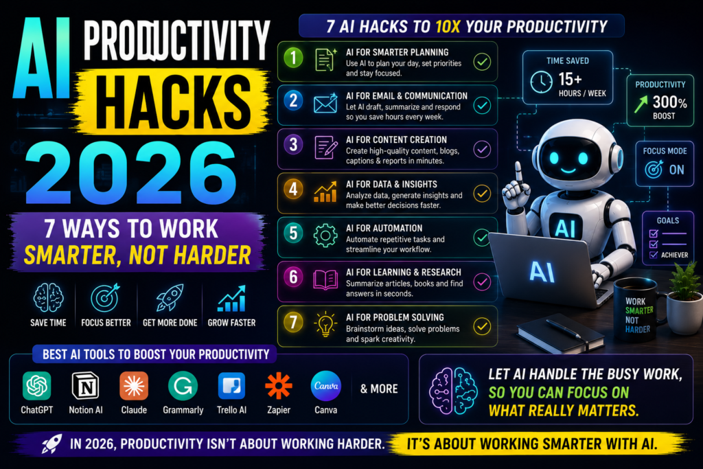 AI productivity hacks 2026 showing 7 ways to work smarter with laptop AI icons and time-saving automation tools