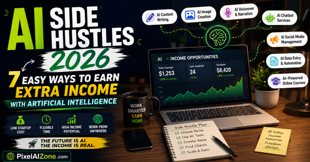 AI side hustles 2026 showing 7 ways to earn extra income with laptop AI icons and money symbols