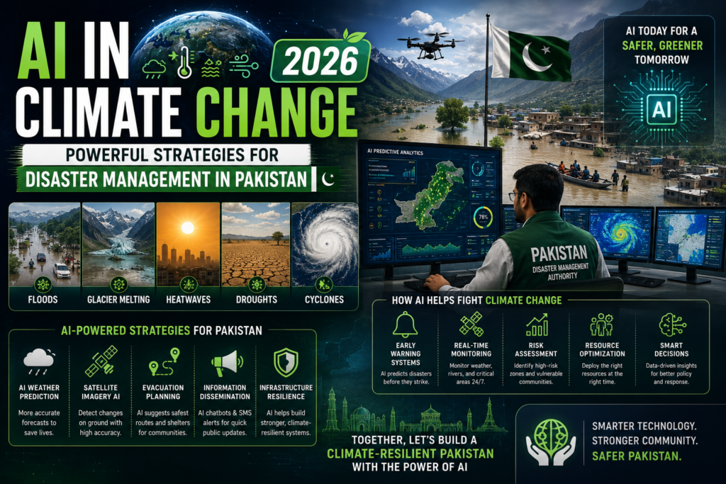 AI in climate change Pakistan 2026 showing flood prediction smog monitoring early warning systems and disaster management technology