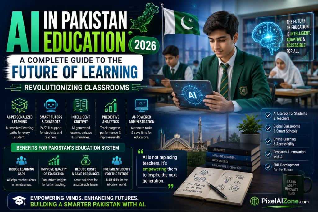 AI in Pakistan education 2026 showing virtual schools AI teachers and smart classrooms with Pakistan flag and modern learning technology