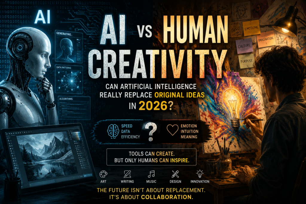 AI vs human creativity comparison showing artificial intelligence and human imagination