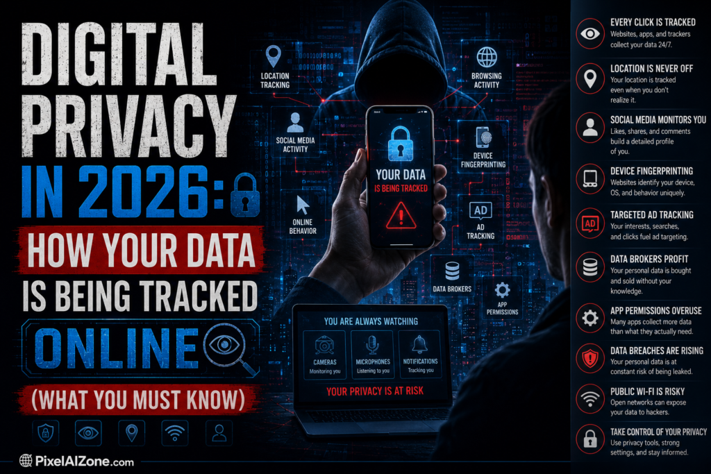 digital privacy in 2026 showing online data tracking and internet security risks