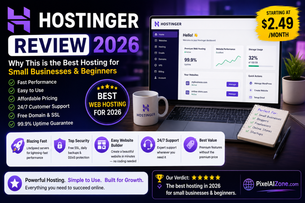 Hostinger review 2026 showing best budget hosting for small businesses and beginners with laptop and hosting plan icons
