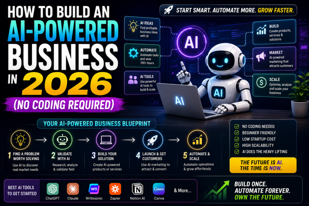 How to build an AI-powered business in 2026 without coding showing laptop with AI icons and no-code platforms