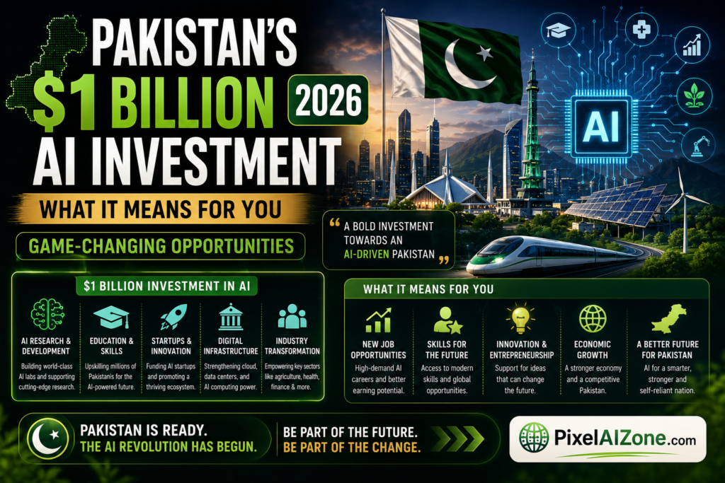 Pakistan's $1 billion AI investment 2026 showing AI education training and digital transformation for citizens and businesses