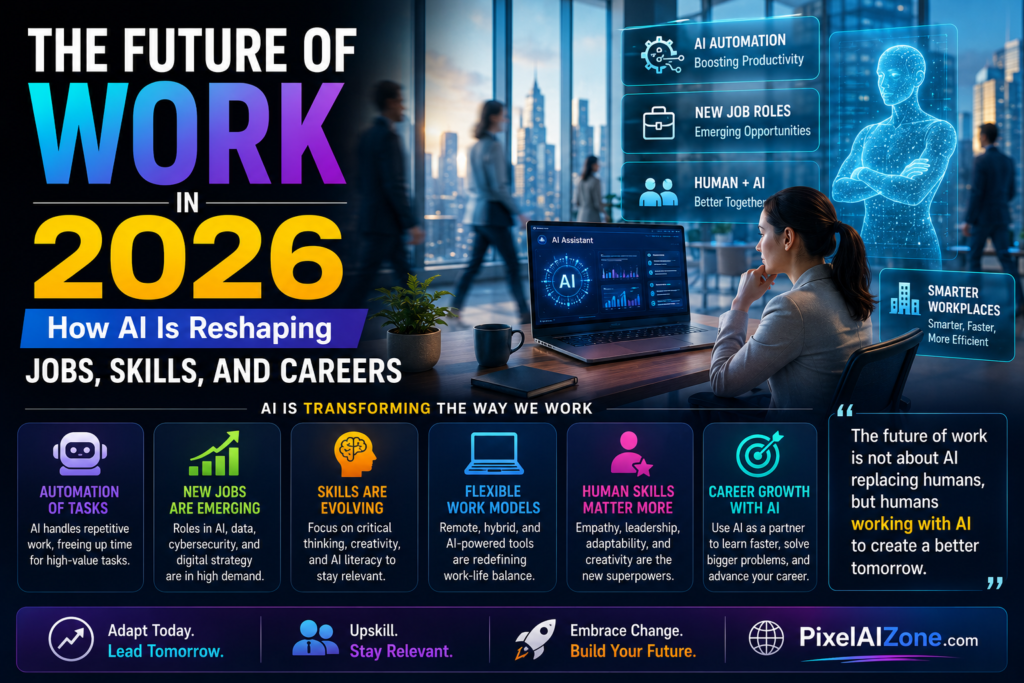 The Future of Work in 2026 showing how AI is reshaping jobs skills and careers with laptop and growth chart