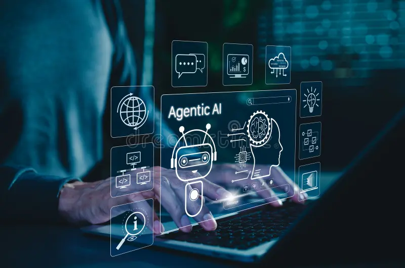 "AI Agents vs AI Assistants: The Ultimate Guide to Understanding the Critical Difference in 2026" agentic ai technology intelligent digital automation systems man using laptop robot brain icons advanced artificial 392097269