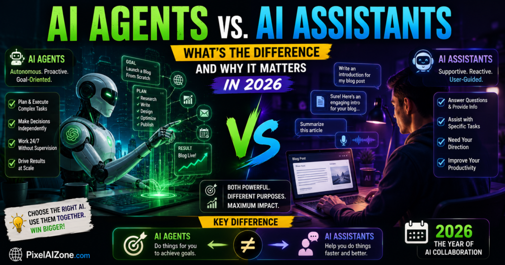 AI agents vs AI assistants comparison showing autonomous agents acting on goals while assistants respond to prompts in 2026