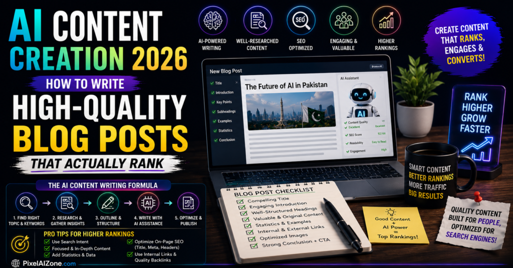 AI content creation workflow 2026 showing six phases from research to publishing for high-quality blog posts
