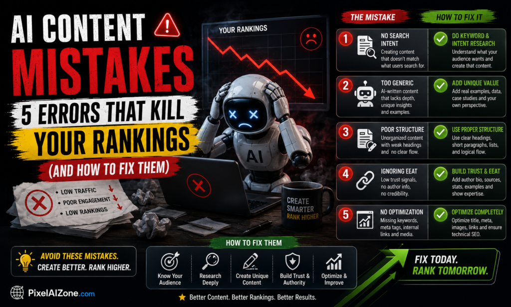 AI content mistakes that kill SEO rankings showing laptop with warning signs and checklist for fixing common errors