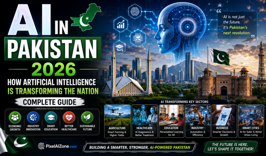 AI in Pakistan 2026 showing AI transformation across education healthcare agriculture and governance with Pakistan flag