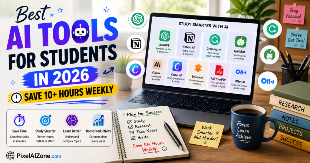 Best AI tools for students in 2026 showing laptop with graduation cap and AI brain icon saving 10+ hours weekly