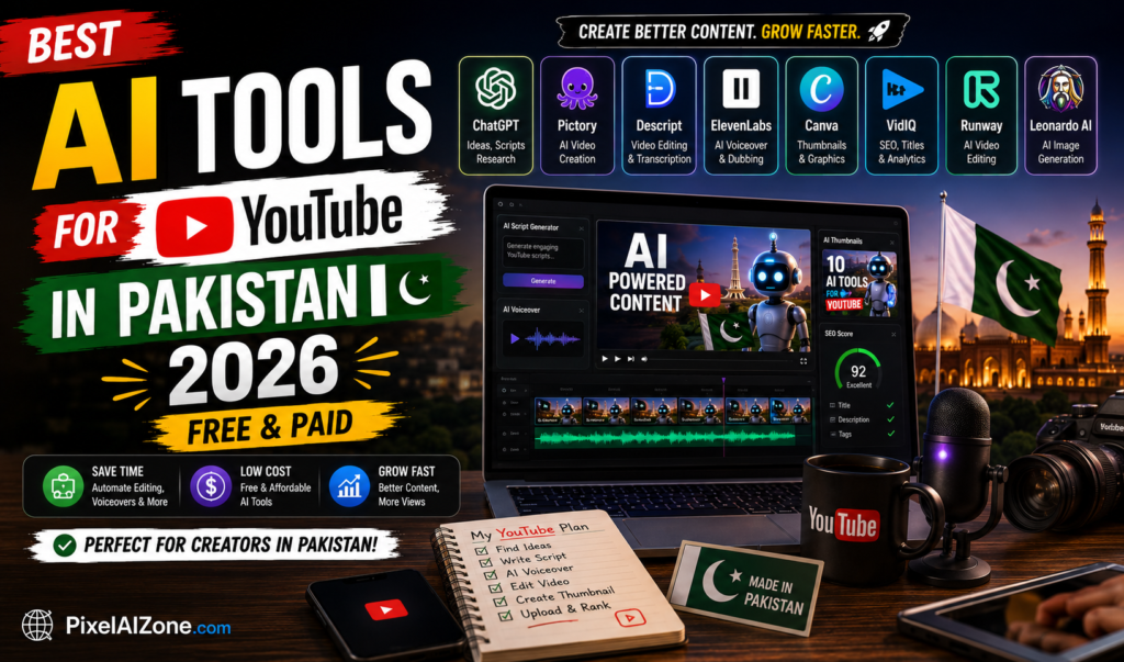 Best AI tools for YouTube in Pakistan 2026 showing laptop with YouTube logo and AI icons for scripting voiceover editing thumbnails