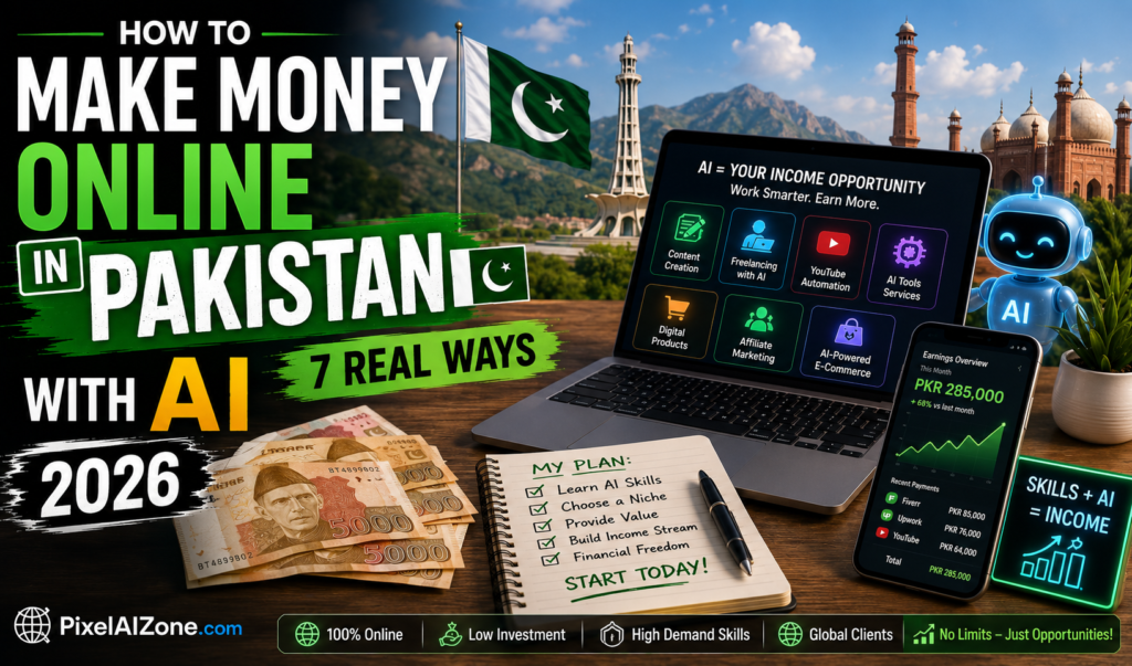 How to make money online in Pakistan with AI showing laptop with Pakistani rupee symbol and AI brain icon 7 real ways