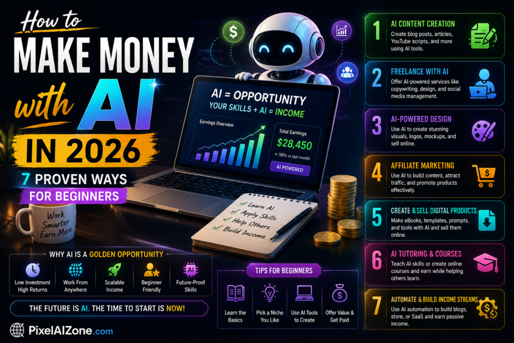 How to make money with AI for beginners in 2026 showing laptop with dollar earnings and AI brain icon with 7 proven methods