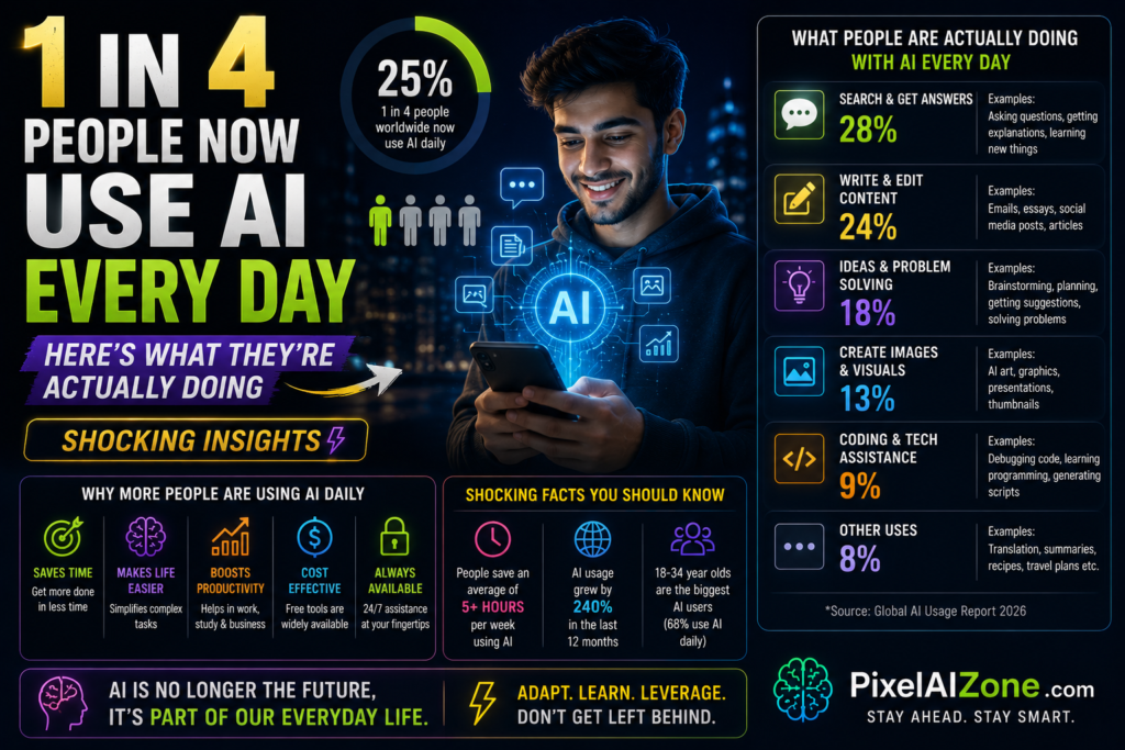 1 in 4 people now use AI every day in 2026 showing what people are actually doing with AI from emotional support to productivity
