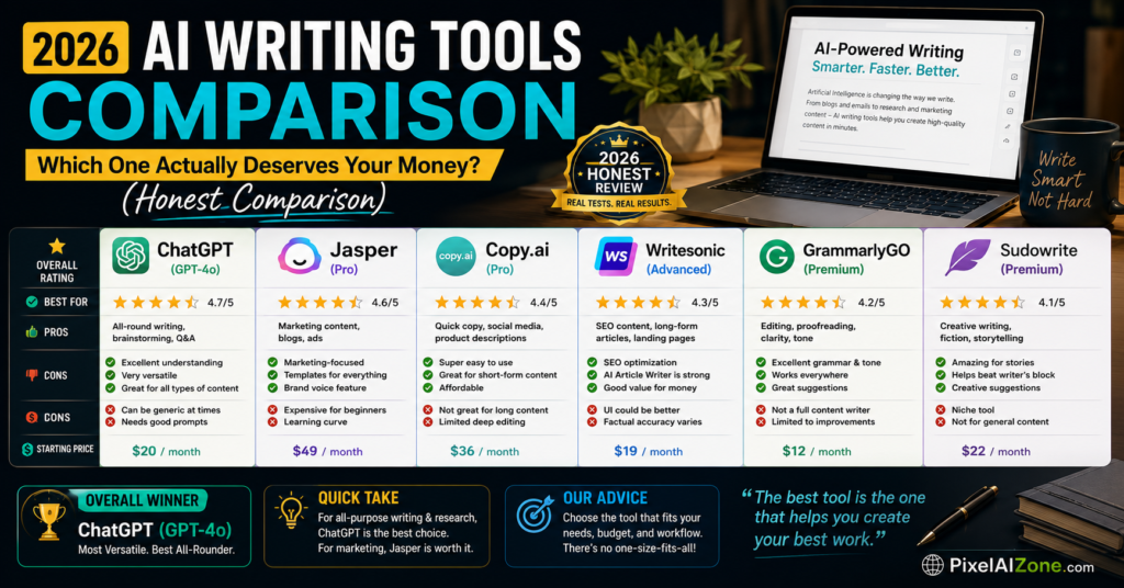 2026 AI writing tools comparison showing ChatGPT Claude Gemini Jasper Copy.ai and Writesonic features and pricing with laptop and AI icons