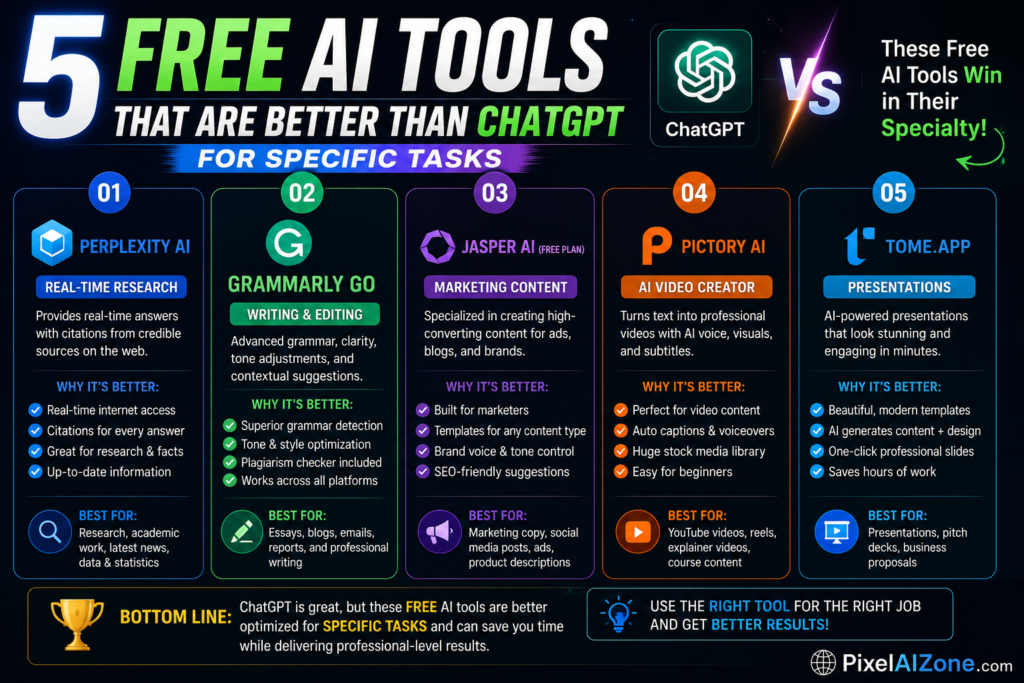 5 free AI tools that are better than ChatGPT for specific tasks in 2026 showing Perplexity Gemini Claude NotebookLM and AI tools comparison