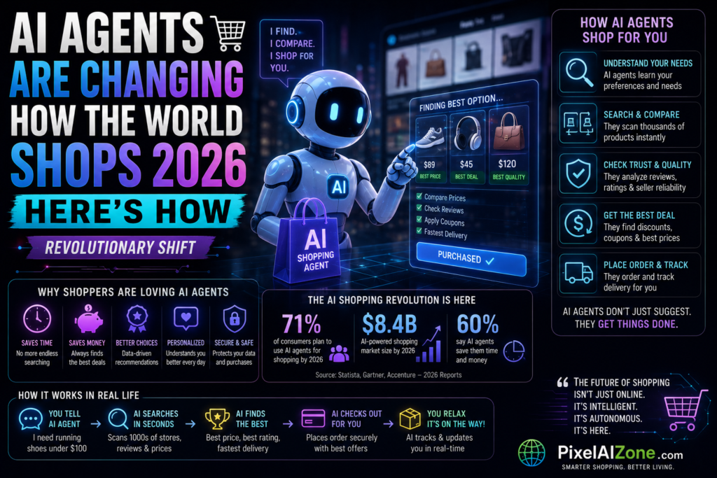 AI agents are changing how the world shops in 2026 showing agentic commerce and AI shopping assistants with digital storefront and robot assistant