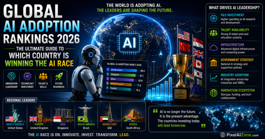 Global AI adoption rankings 2026 showing UAE leads at 70 percent and US ranks 21st with world map and adoption data