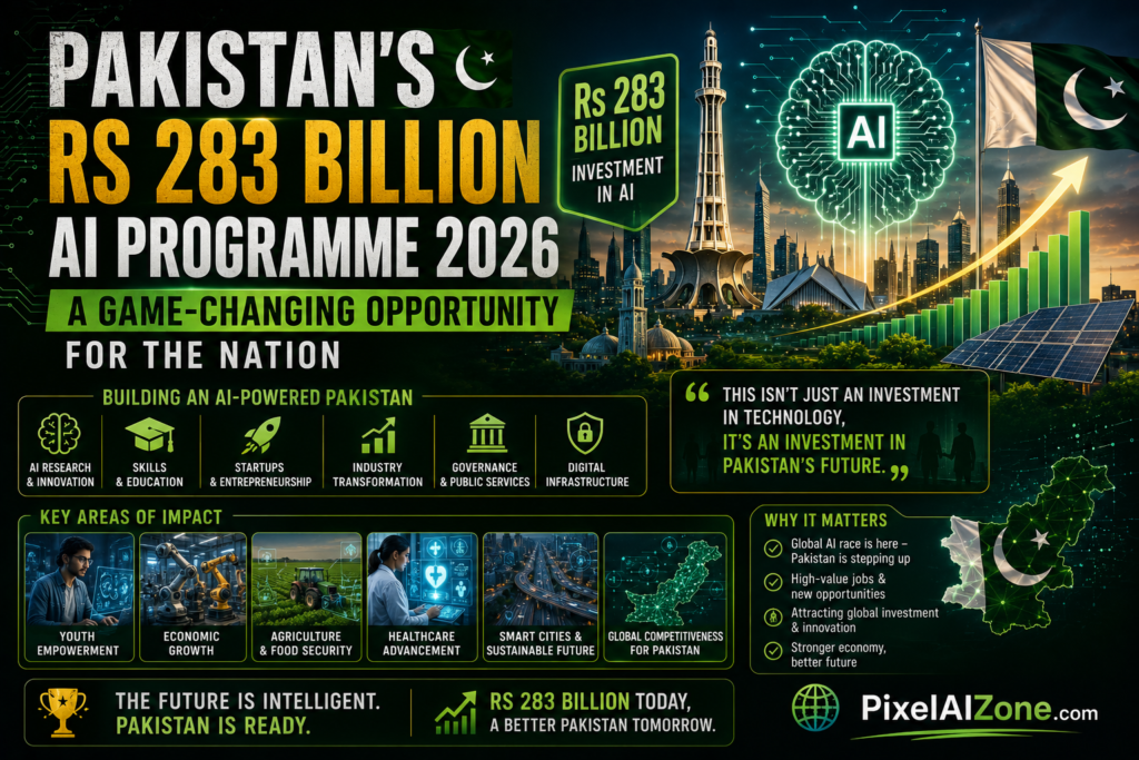 Pakistan's Rs 283 Billion AI programme 2026 showing AI education training and digital transformation for citizens and businesses