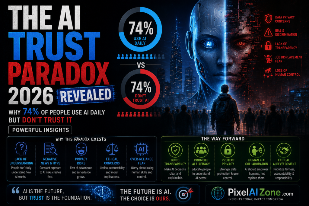 The AI Trust Paradox 2026 showing adoption vs trust gap with 74% usage and declining confidence across global regions
