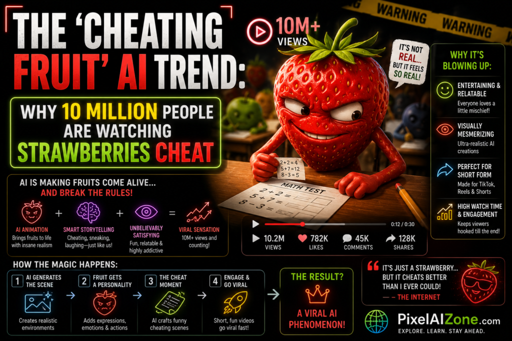 Cheating fruit AI trend 2026 showing strawberry and eggplant drama with Fruit Love Island viral TikTok videos