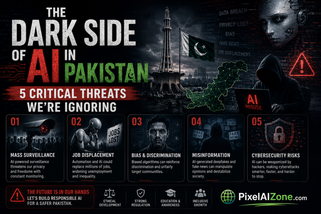 Alt Text: The dark side of AI in Pakistan showing 5 critical threats including data colonialism deepfakes disinformation job loss and cyber insecurity