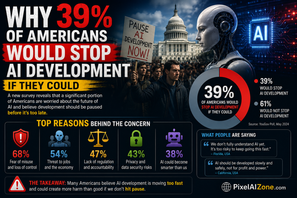Why 39 percent of Americans would stop AI development if they could showing survey data and AI concerns with protest and technology