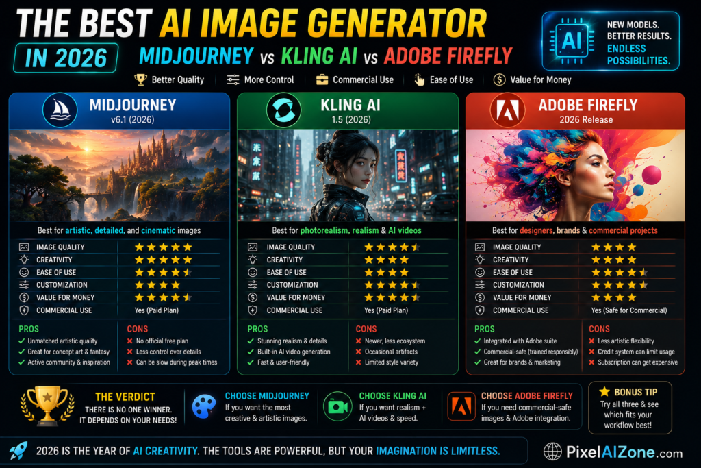 The best AI image generator in 2026 comparison showing Midjourney Kling AI and Adobe Firefly with quality pricing and features on laptop display