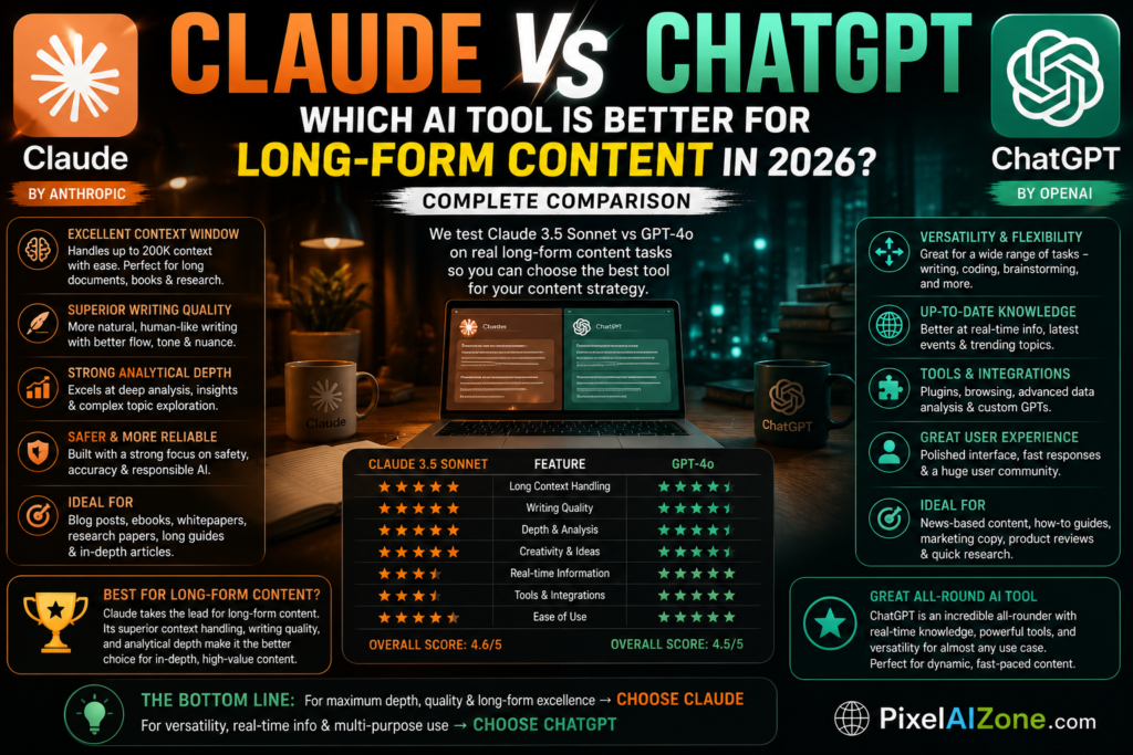 Claude vs ChatGPT comparison for long-form content in 2026 showing writing quality context handling and brand voice with laptop interface