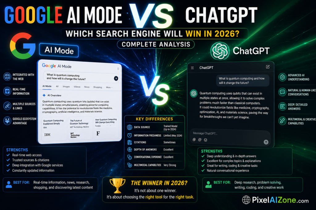 Google AI Mode vs ChatGPT comparison showing search engine battle and AI adoption data with futuristic technology interface