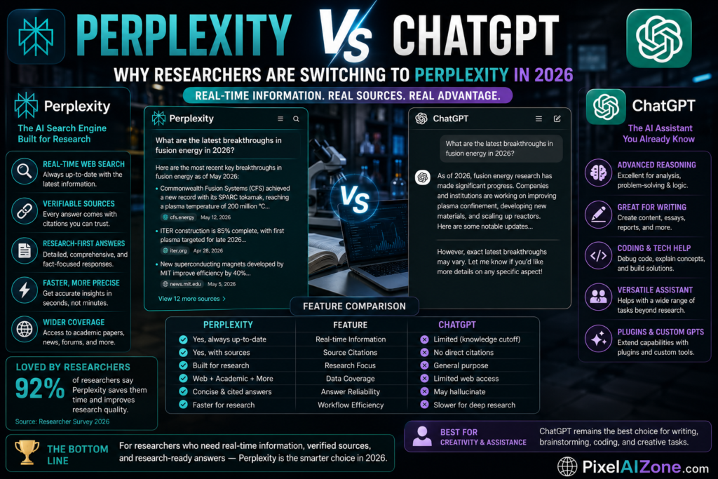 Perplexity vs ChatGPT comparison for research in 2026 showing citations source credibility and academic features with laptop interface