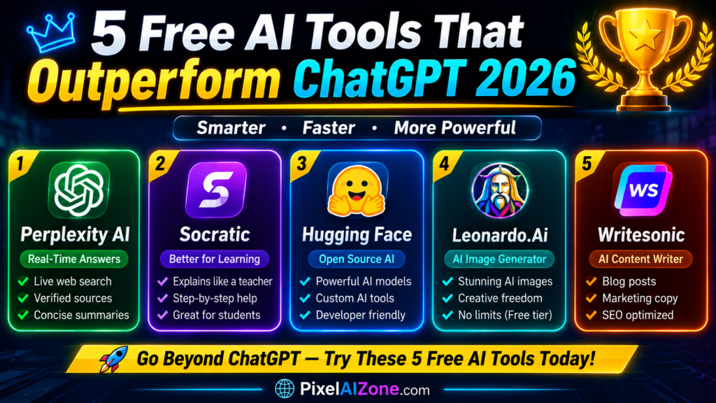 5 free AI tools that outperform ChatGPT for specific tasks in 2026 showing Claude Perplexity Gemini GLM-5.2 and DALL-E 3 with AI comparison interface