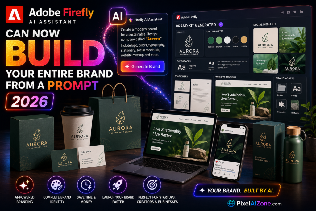 Adobe Firefly AI Assistant can now build your entire brand from a prompt showing AI brand creation logo design and creative workflow with Adobe interface