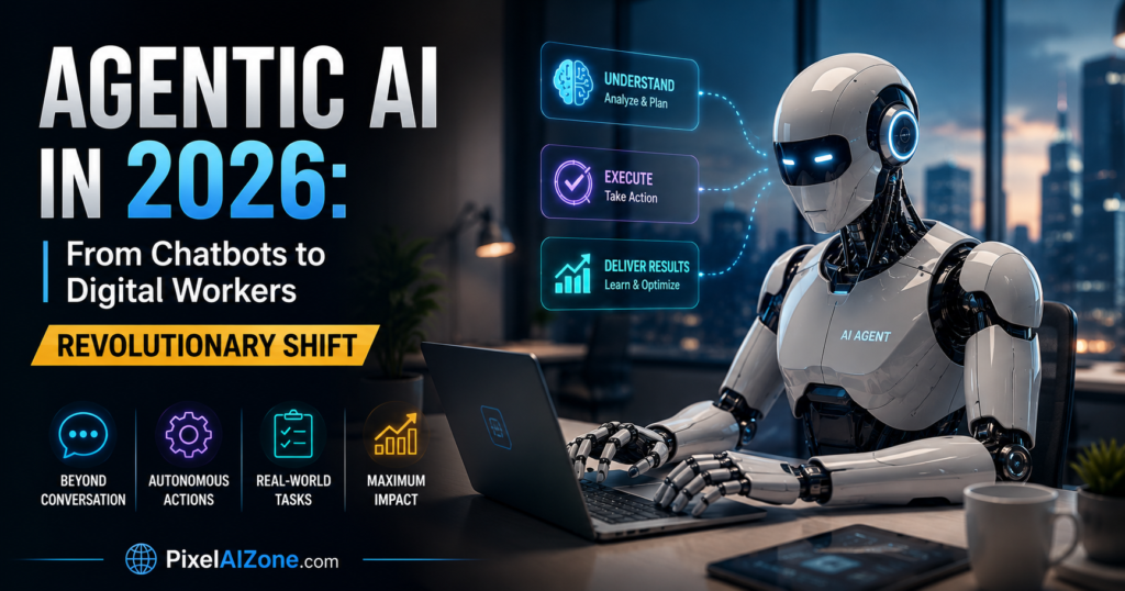 Agentic AI in 2026 from chatbots to digital workers that never log off showing AI agents autonomous systems and future workforce with futuristic technology interface