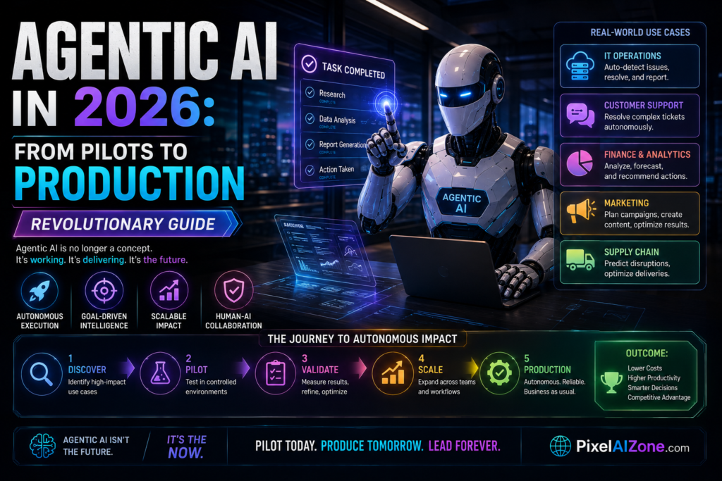 Agentic AI pilots to production in 2026 showing enterprise AI scaling governance challenges and deployment from experimentation to enterprise systems