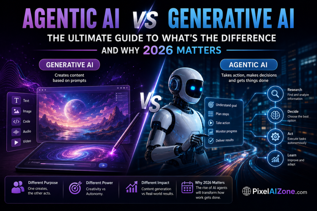 Agentic AI vs Generative AI comparison in 2026 showing autonomous execution and content creation differences with futuristic technology interface