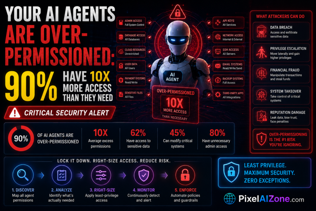 AI agents are over-permissioned with 90 percent having 10x more access than they need showing security risk governance gap and critical security alert