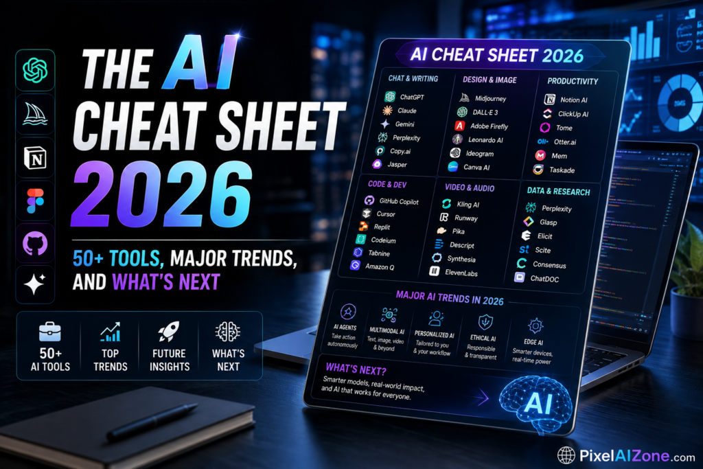 AI cheat sheet 2026 showing 50 plus tools and major trends including ChatGPT Gemini Claude and agentic AI with futuristic technology interface