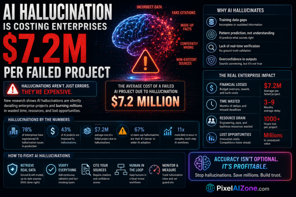 AI hallucination costing enterprises 7.2 million dollars per failed project showing financial loss AI risk and business impact with dollar signs and warning graphics