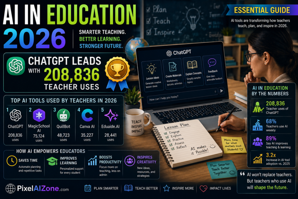 AI in education 2026 ChatGPT leads with 208836 teacher uses showing classroom technology AI adoption and digital learning with teachers and students