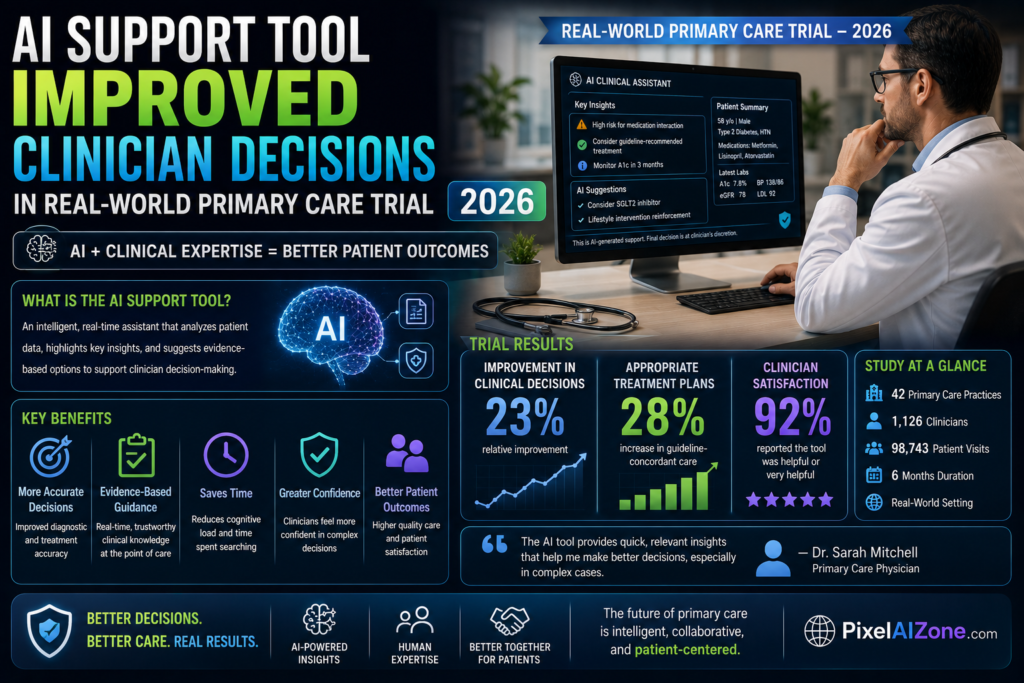 AI support tool improved clinician decisions in real-world primary care trial showing healthcare AI clinical decision making and patient care with digital technology