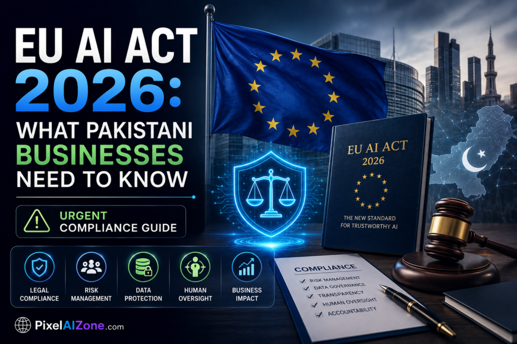 EU AI Act 2026 what Pakistani businesses need to know about compliance transparency and fines with European flag and AI technology