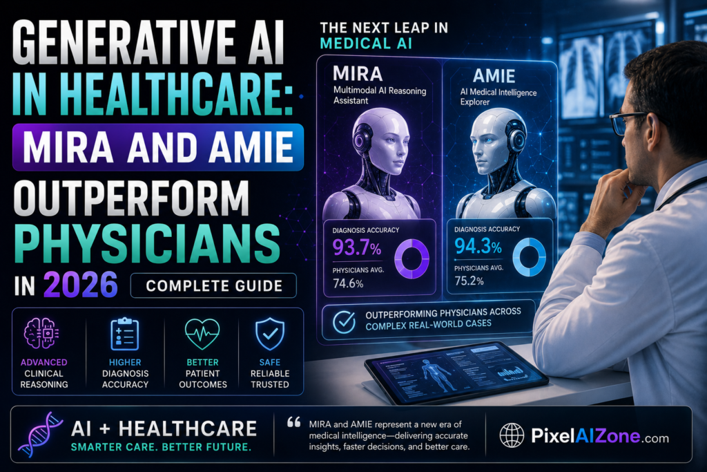 Generative AI in healthcare MIRA and AMIE outperform physicians in 2026 showing medical AI agents clinical decision making and diagnostic accuracy with futuristic healthcare interface