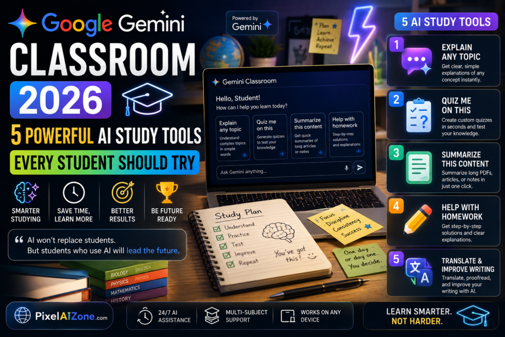 Google Gemini Classroom 2026 AI-powered study guides and practice quizzes for students showing AI education technology and personalized learning
