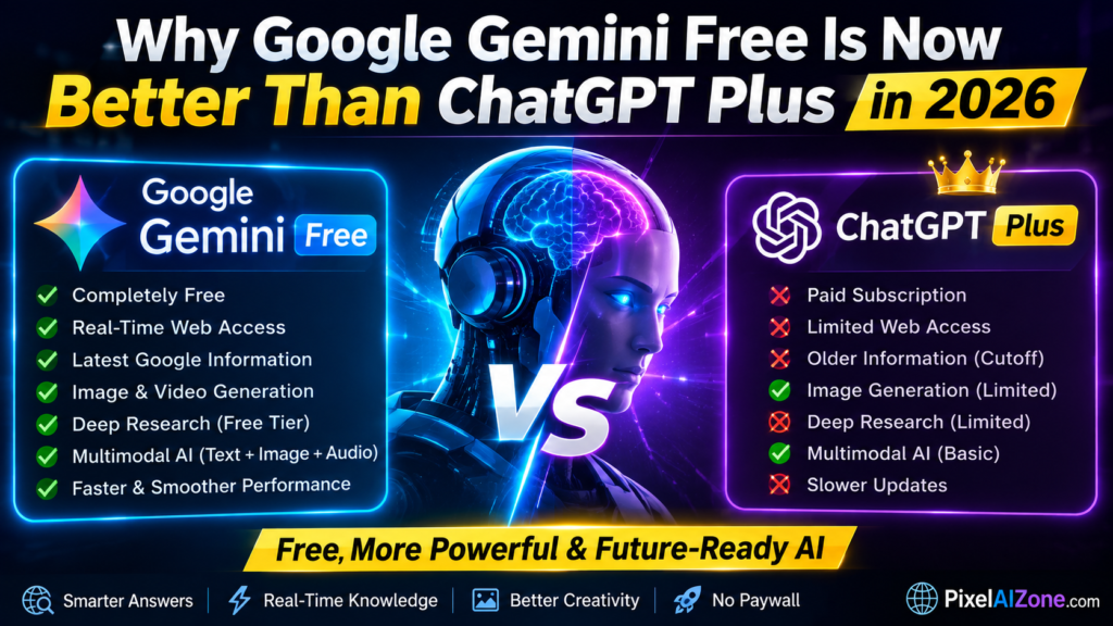 Google Gemini free is now better than ChatGPT Plus in 2026 showing AI comparison free features and performance with Gemini interface