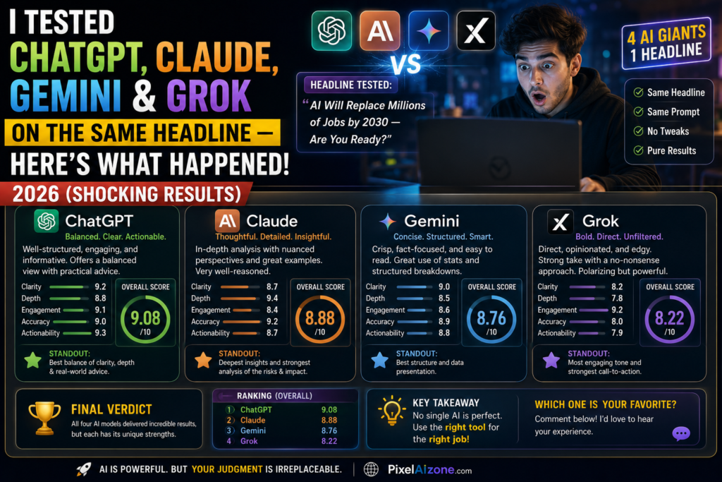 I tested ChatGPT Claude Gemini and Grok on the same headline showing AI comparison CTR experiment results and shocking split decision
